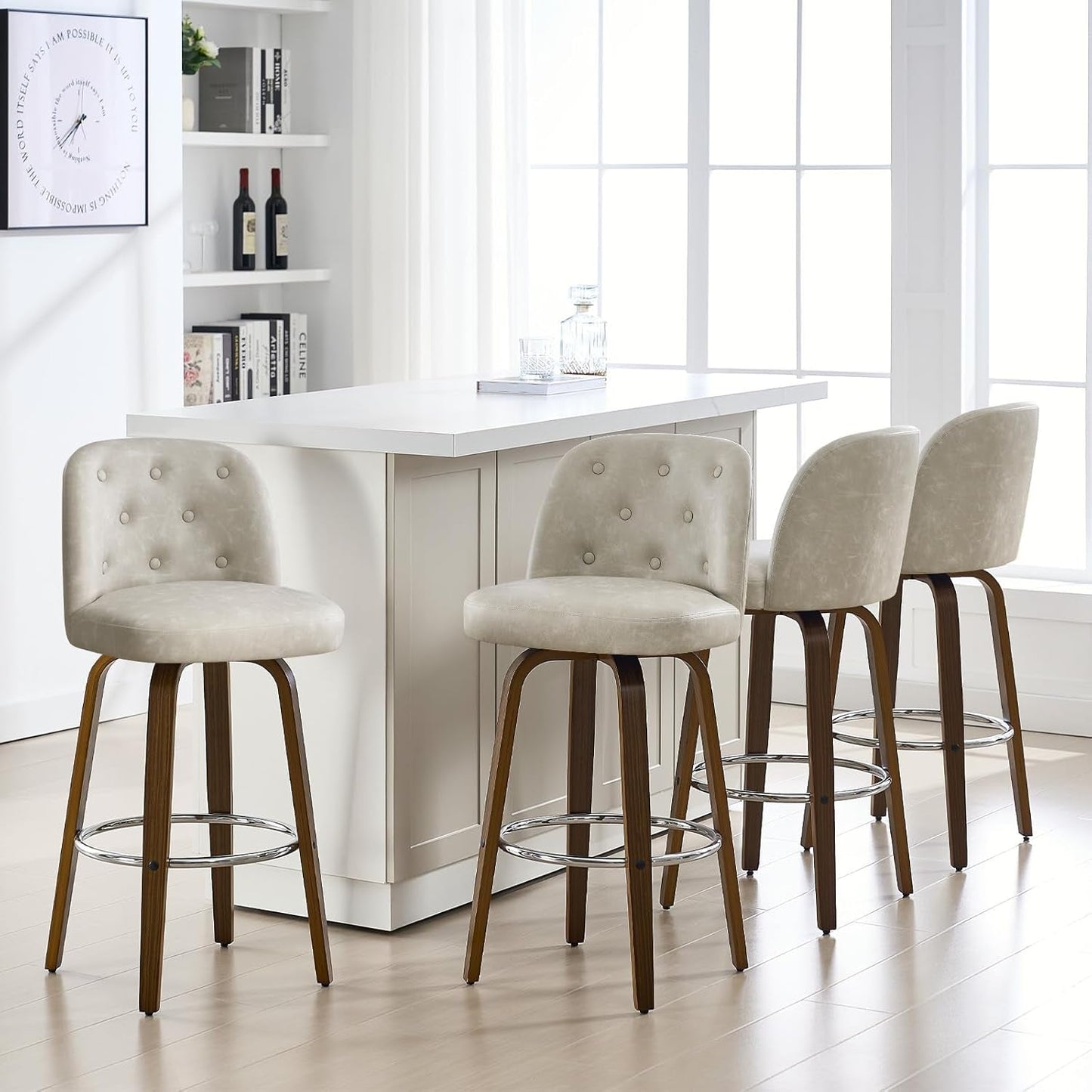 Bar Stools Set of 4, 26" Counter Height Swivel Bar Stools with Back,Walnut Bentwood Legs, Faux Leather Upholstered Counter Stools, Modern Counter Chairs Bar Stool for Kitchen Island, Griege-2