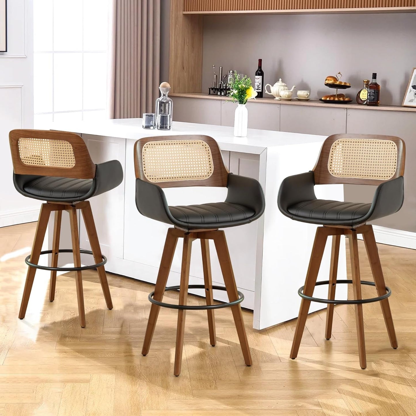 Rattan Swivel Bar Stools, Counter Height Bar Stools with Cane Back, Upholstered Seat, Faux Leather Upholstered Furniture for Island/Counter (Black, 29.7"-3 PCS)-0
