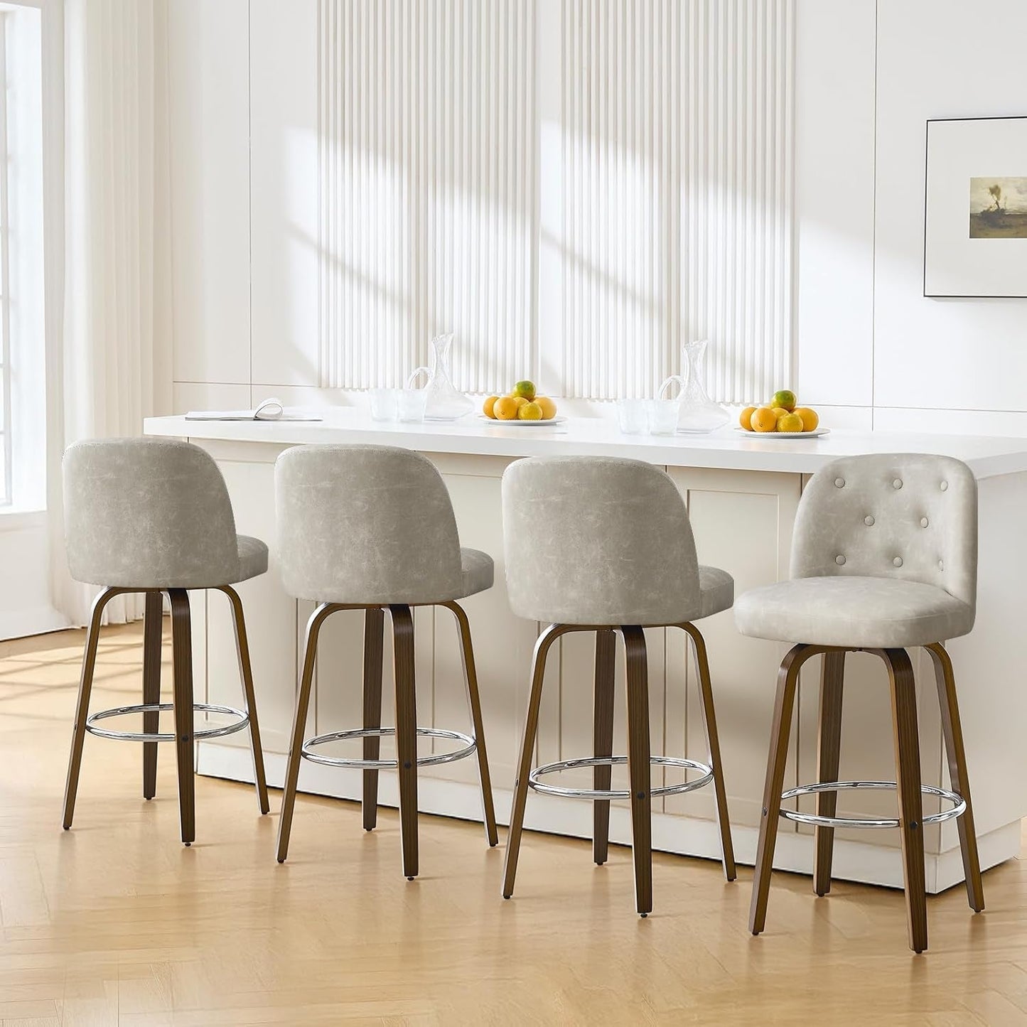 Bar Stools Set of 4, 26" Counter Height Swivel Bar Stools with Back,Walnut Bentwood Legs, Faux Leather Upholstered Counter Stools, Modern Counter Chairs Bar Stool for Kitchen Island, Griege-0