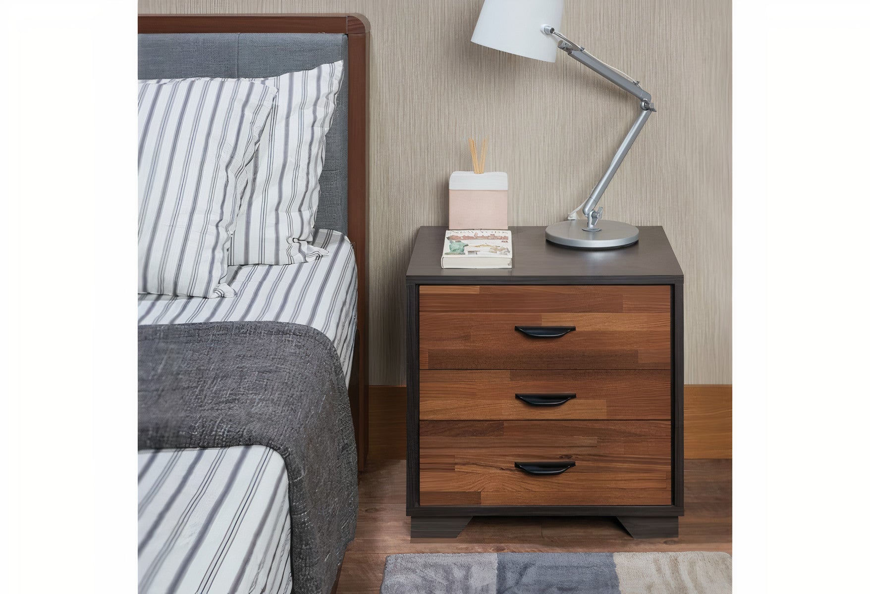 19" Espresso And Walnut Brown Three Drawer Wood Nightstand-7