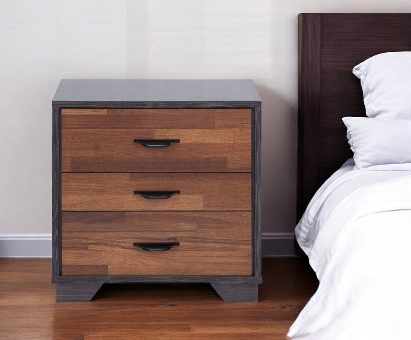 19" Espresso And Walnut Brown Three Drawer Wood Nightstand-0