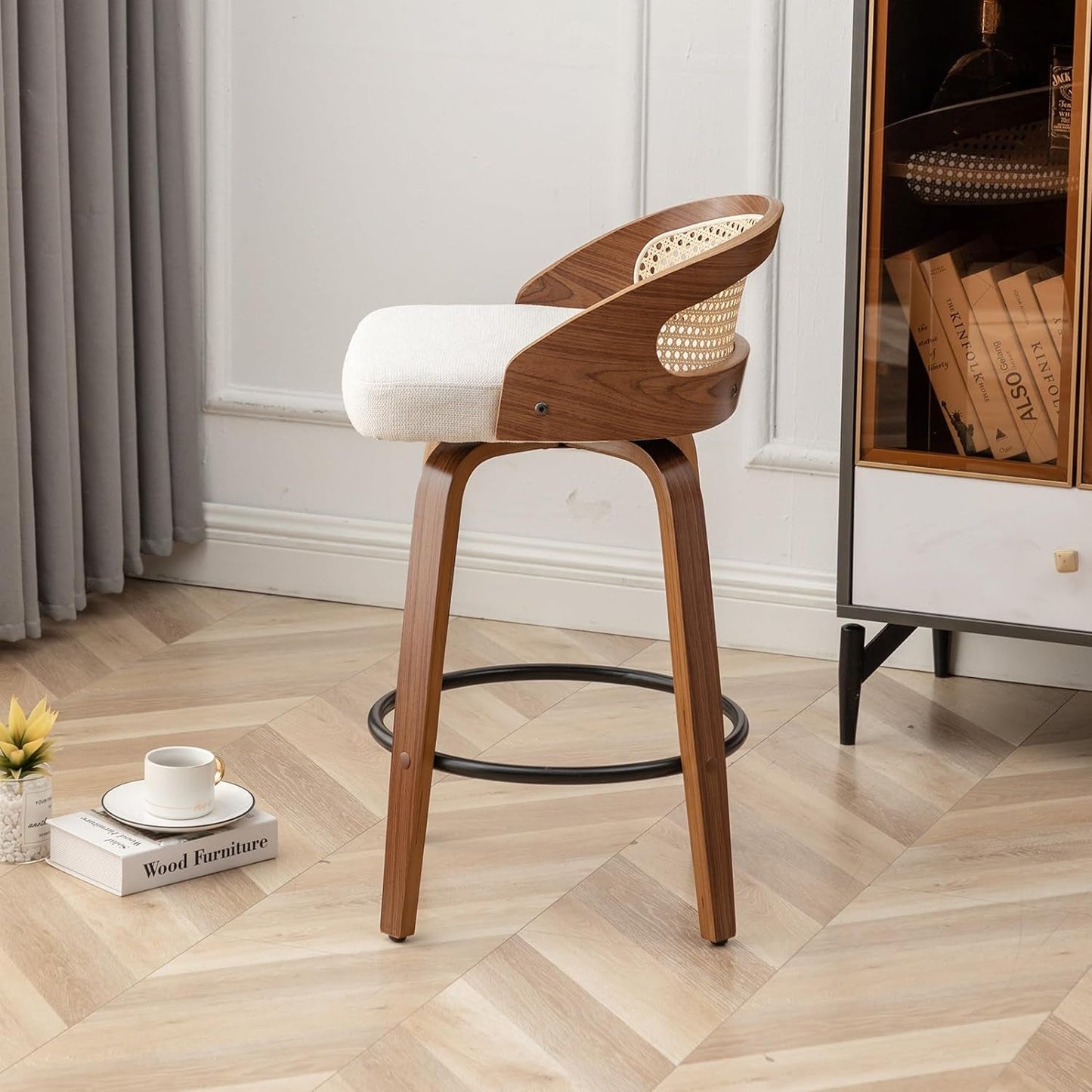 Mid-Century Modern Swivel Rattan Bar Stools Set-2