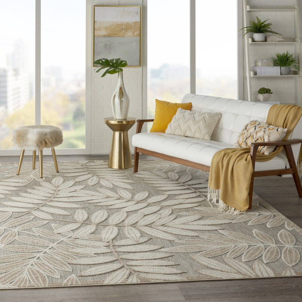 8' X 11' Beige Gray And Ivory Botanical Leaves Indoor Outdoor Area Rug-8