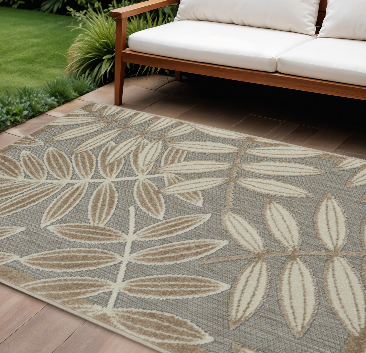8' X 11' Beige Gray And Ivory Botanical Leaves Indoor Outdoor Area Rug-0