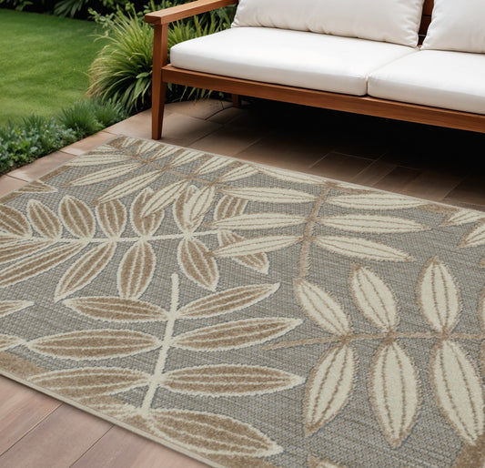 8' X 11' Beige Gray And Ivory Botanical Leaves Indoor Outdoor Area Rug-0