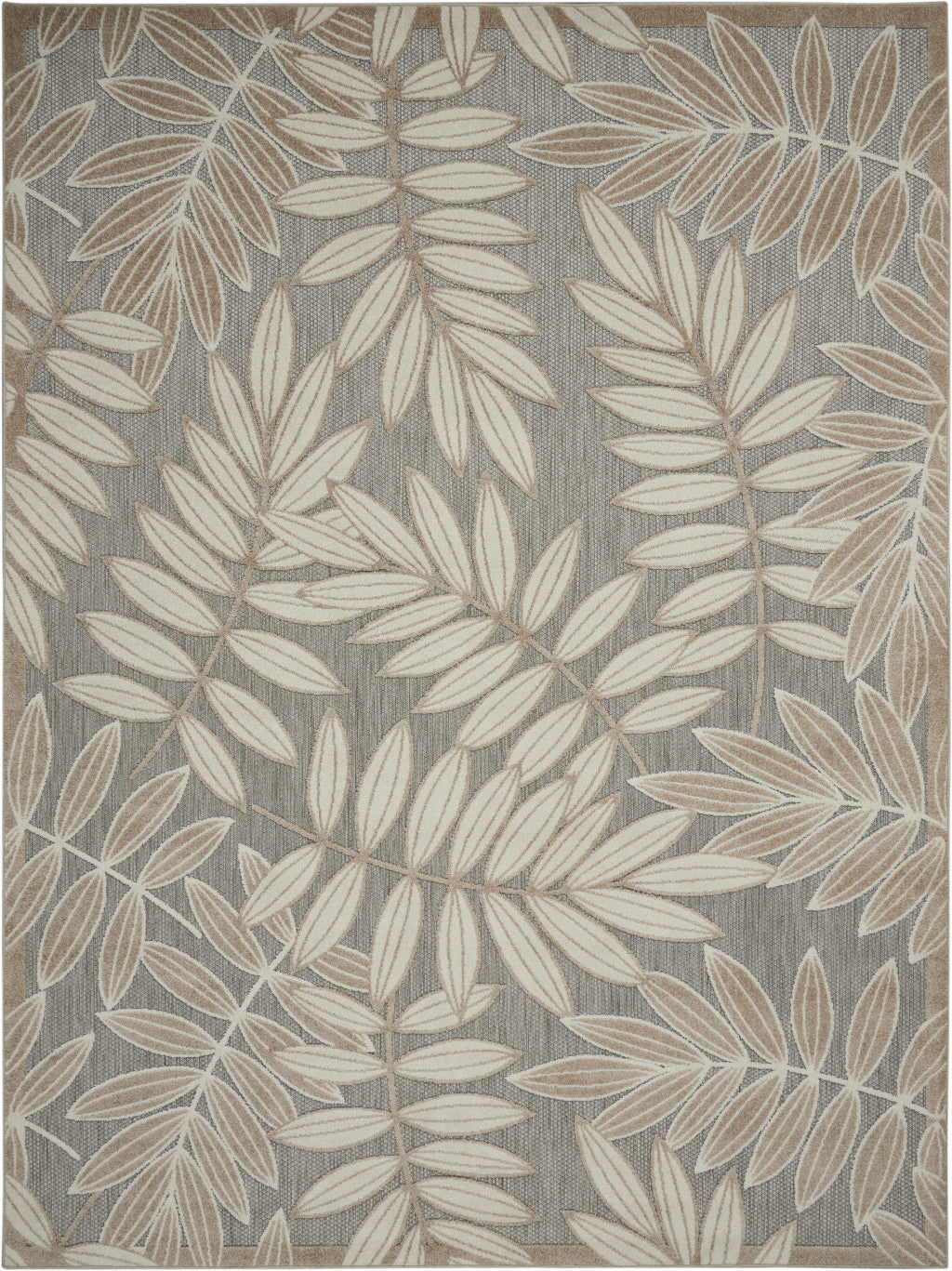 8' X 11' Beige Gray And Ivory Botanical Leaves Indoor Outdoor Area Rug-1