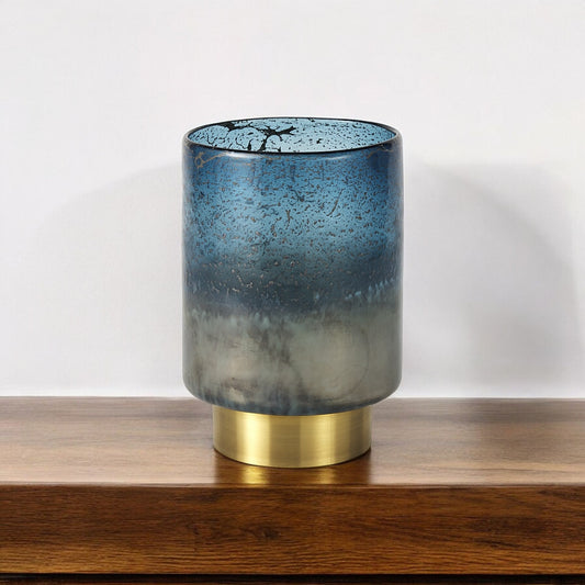 8" Blue And Gold Abstract Cylinder Crystal Glass Table Vase-0