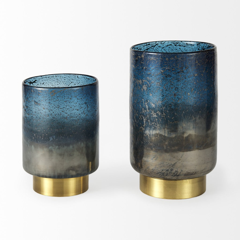 8" Blue And Gold Abstract Cylinder Crystal Glass Table Vase-3