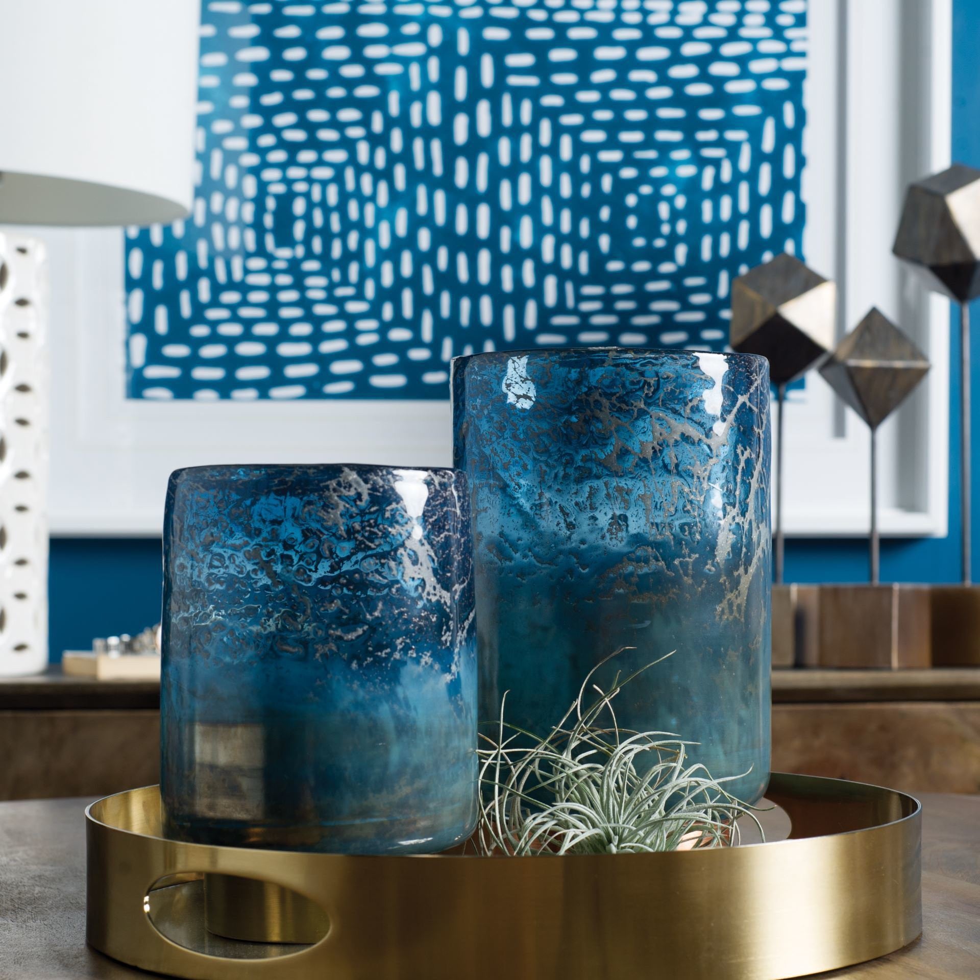 8" Blue And Gold Abstract Cylinder Crystal Glass Table Vase-7