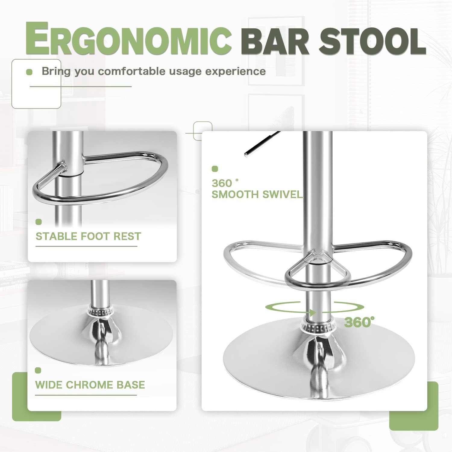 Bar Stools Modern Pu Leather Swivel Adjustable Hydraulic Bar Stool Square Counter Height Stool Set of 2 (White)-3