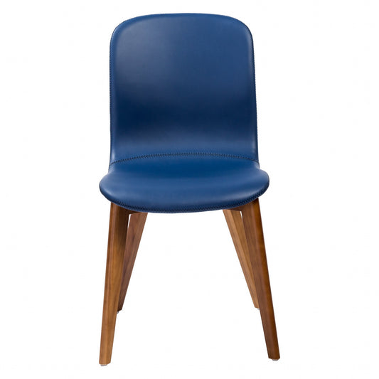 Set of Two Blue Faux Leather and Walnut Dining or Side Chairs-0