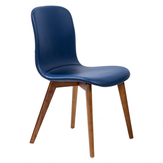 Set of Two Blue Faux Leather and Walnut Dining or Side Chairs-1