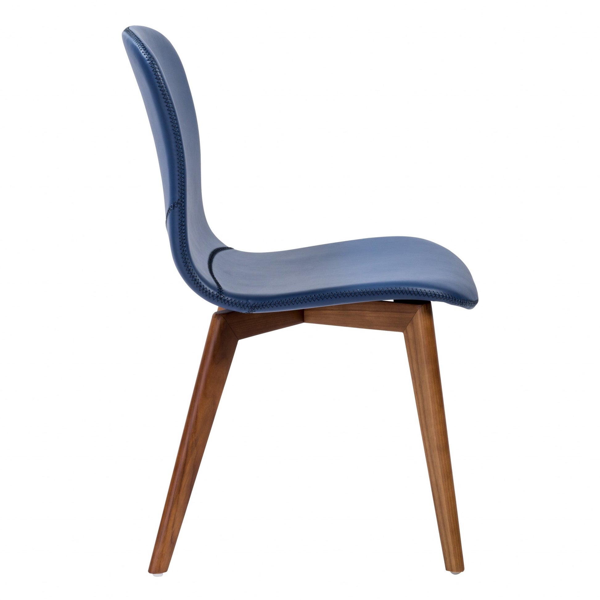 Set of Two Blue Faux Leather and Walnut Dining or Side Chairs-2