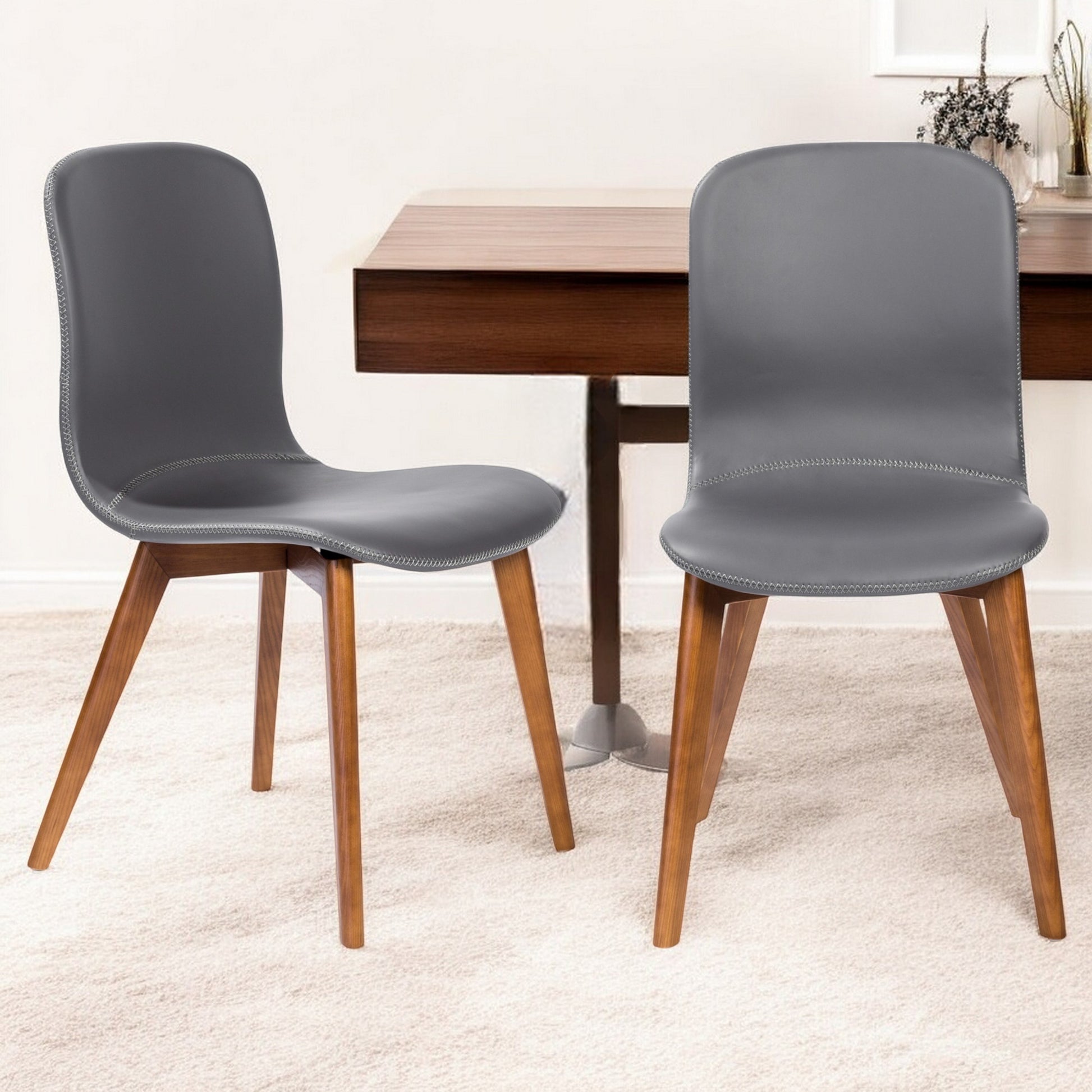 Set of Two Gray Faux Leather and Walnut Dining or Side Chairs-2