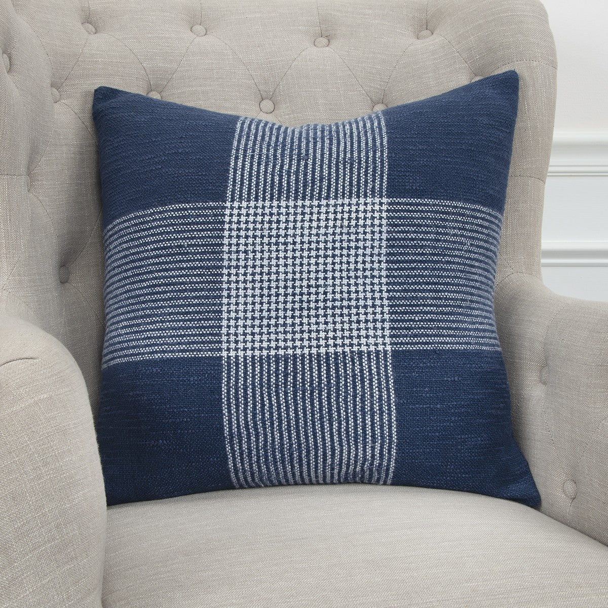 Indigo White Plaid Pattern Throw Pillow-3