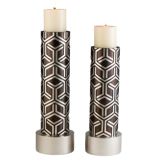 Set Of Two Espresso and Silver Pillar Tabletop Pillar Candle Holders-1