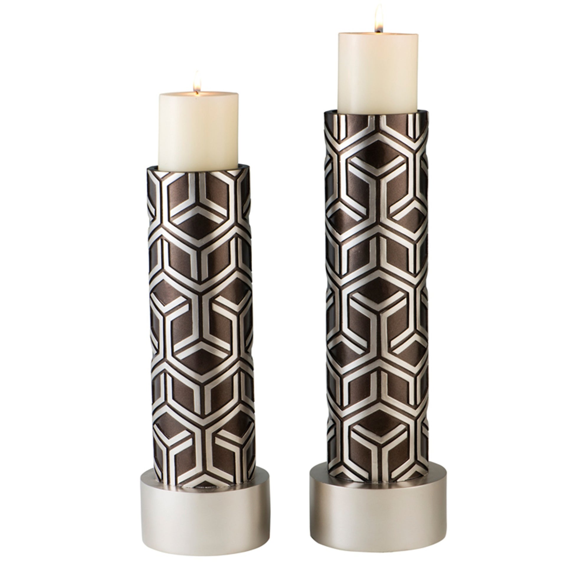 Set Of Two Espresso and Silver Pillar Tabletop Pillar Candle Holders-2