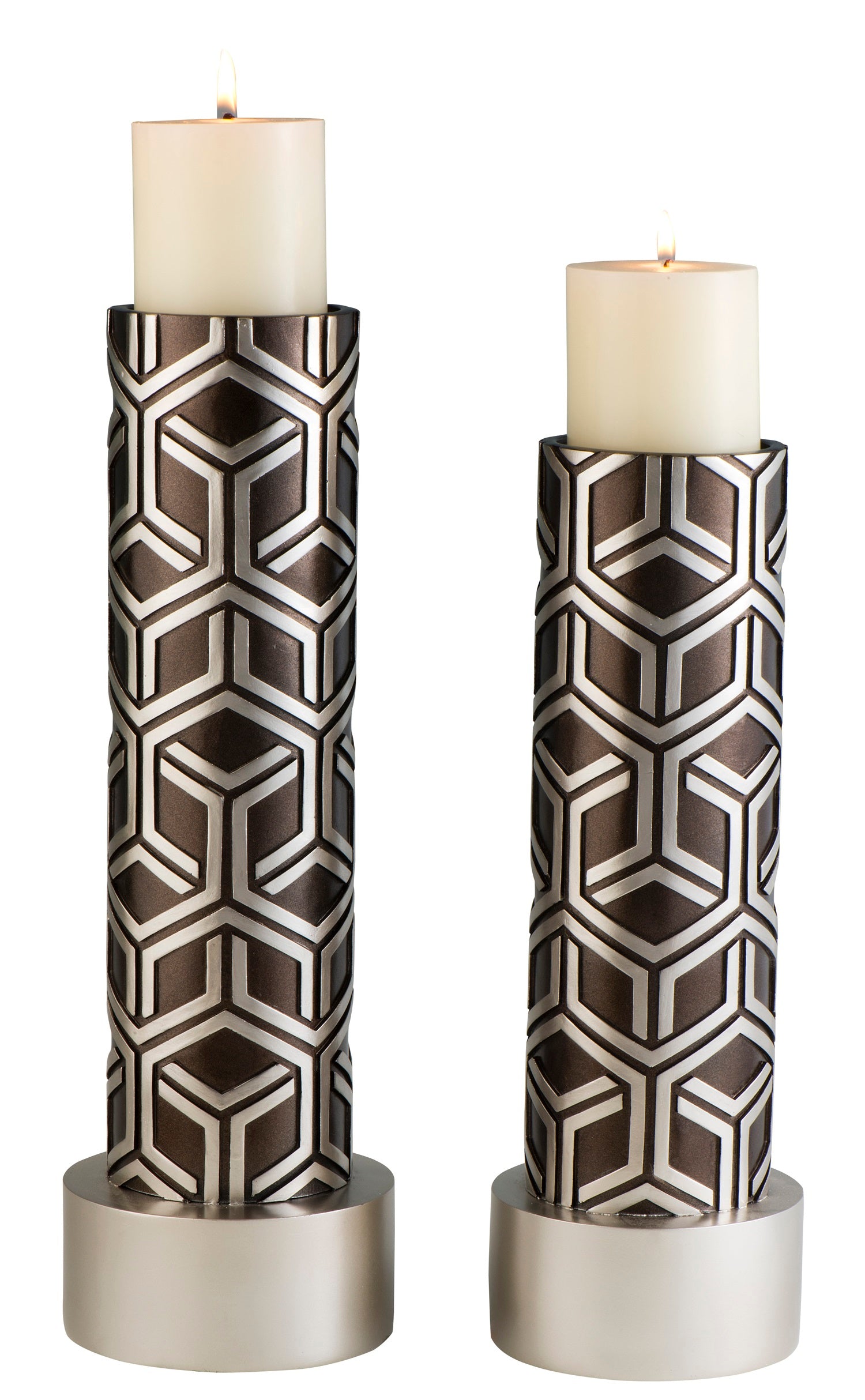 Set Of Two Espresso and Silver Pillar Tabletop Pillar Candle Holders-3