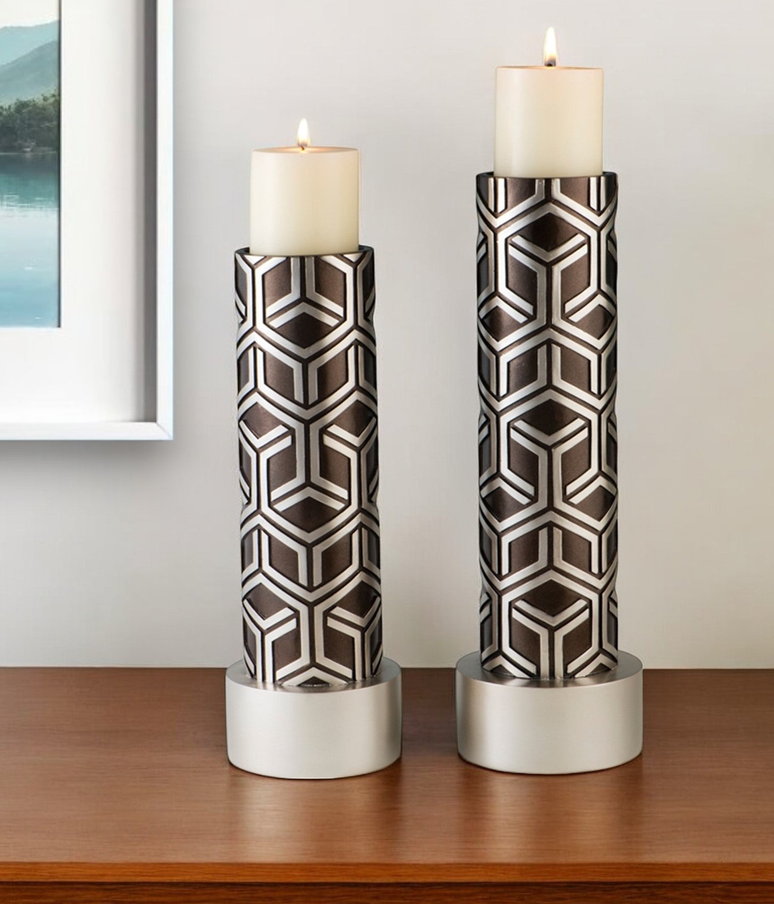 Set Of Two Espresso and Silver Pillar Tabletop Pillar Candle Holders-0