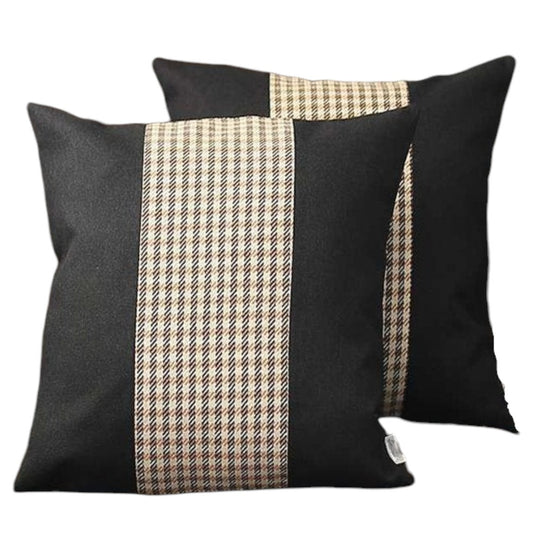 Set of Two 18" Black Brown and White Houndstooth Fabric Throw Pillows-1
