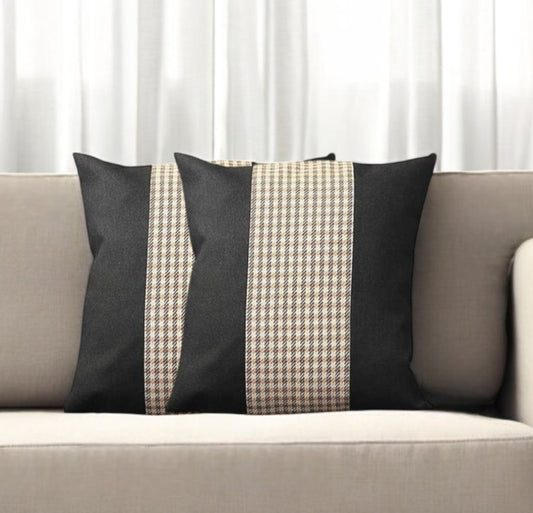 Set of Two 18" Black Brown and White Houndstooth Fabric Throw Pillows-0