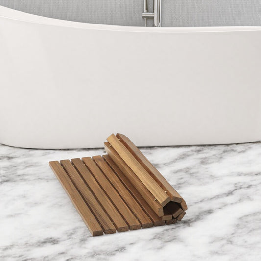20" Brown Teak Wood Rolling Square Bath Mat-0