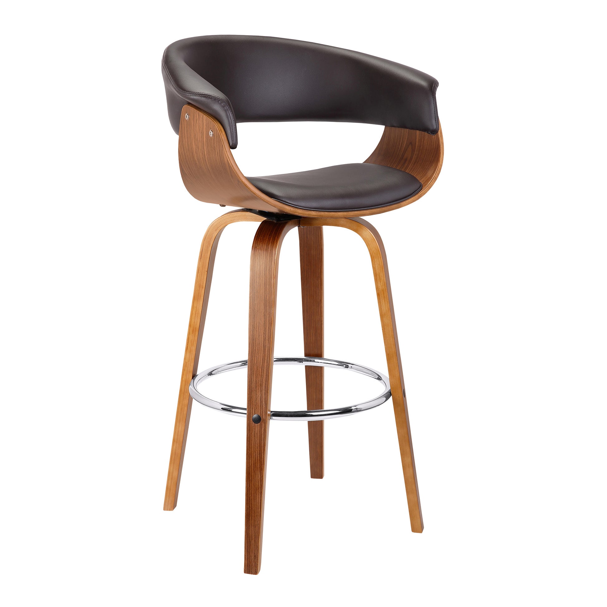 31" Brown Faux Leather And Solid Wood Swivel Low Back Bar Height Bar Chair-3