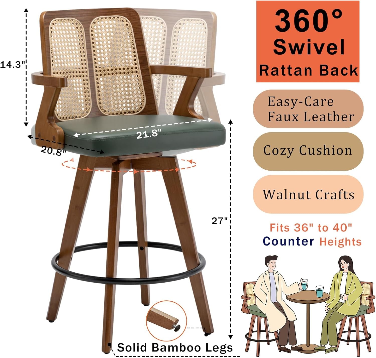 Swivel Counter Stools Set of Two with Rattan Back-1