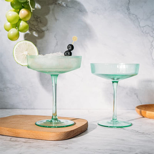Ribbed Coupe Cocktail Glasses 8 oz | Set of 2 | Classic Manhattan Glasses For Cocktails, Champagne Coupe, Ripple Coupe Glasses, Art Deco Gatsby Vintage, Crystal with Stems (Green, Set of 2)-1