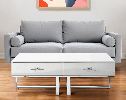 47" White And Silver Metallic Wood And Stainless Steel Coffee Table-0