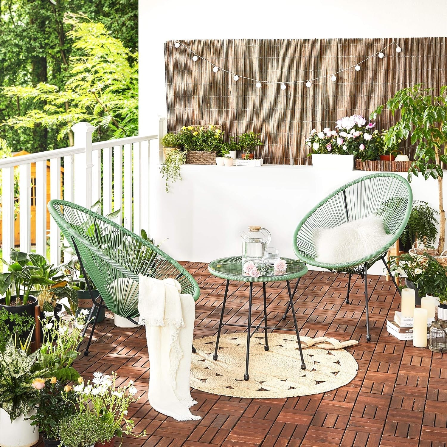 3-Piece Outdoor Seating Acapulco Chair, Modern Patio Furniture Set, Glass Top Table and 2 Chairs, Indoor and Outdoor Conversation Bistro Set, Light Green UGGF011C01-1