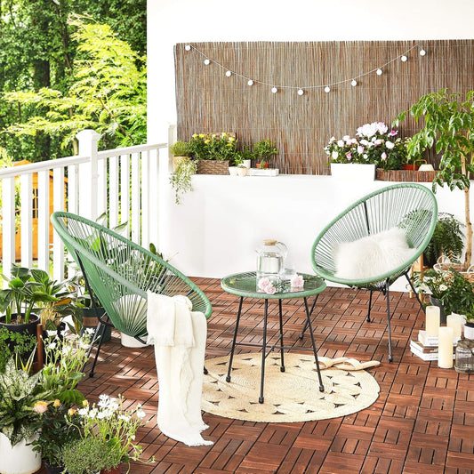 3-Piece Outdoor Seating Acapulco Chair, Modern Patio Furniture Set, Glass Top Table and 2 Chairs, Indoor and Outdoor Conversation Bistro Set, Light Green UGGF011C01-1