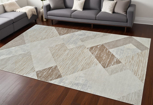 7' X 10' Beige and Brown Abstract Distressed Area Rug-1