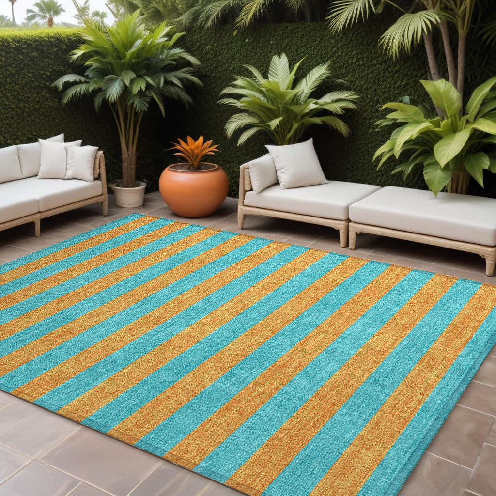 8' X 10' Aqua Striped Washable Non Skid Indoor Outdoor Area Rug-0
