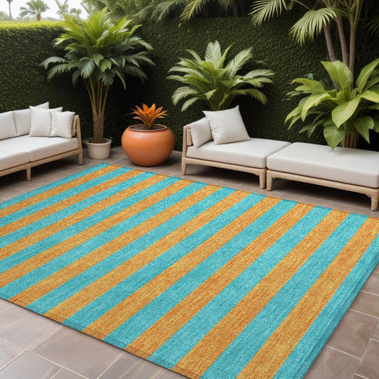 8' X 10' Aqua Striped Washable Non Skid Indoor Outdoor Area Rug-0