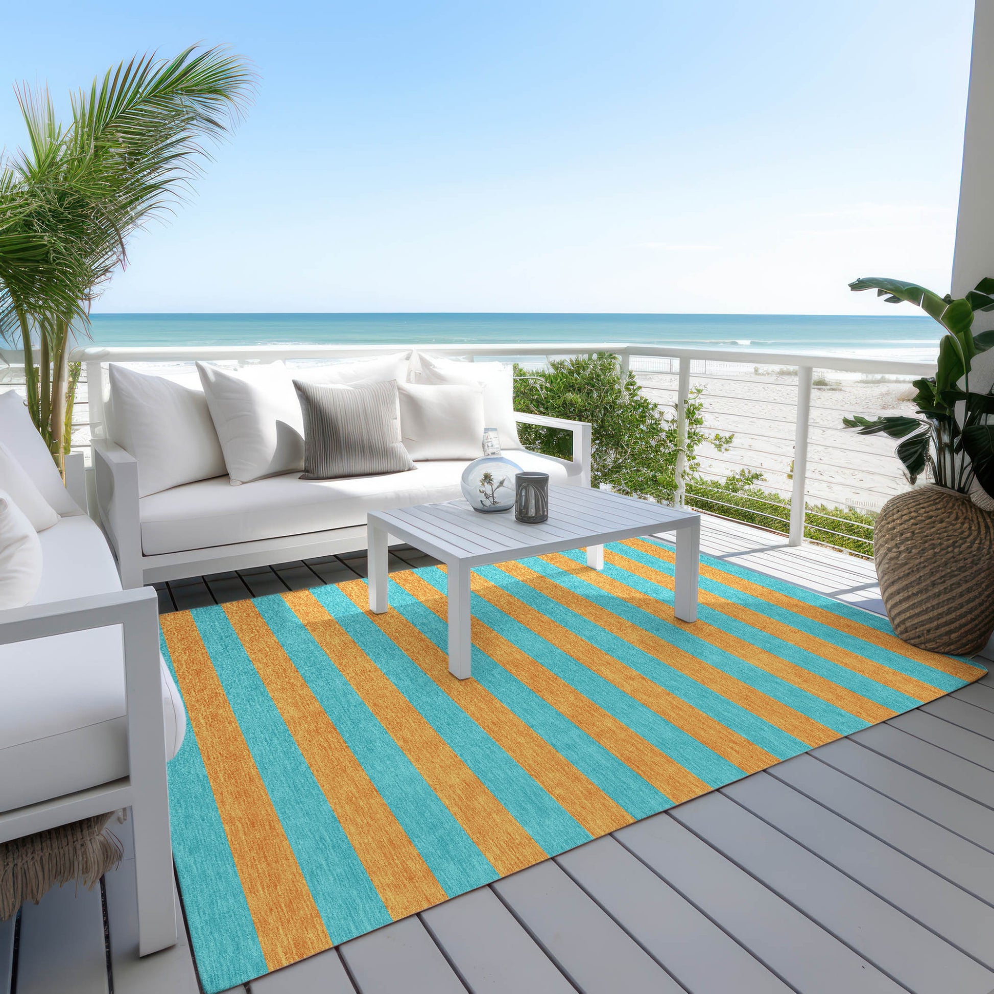 8' X 10' Aqua Striped Washable Non Skid Indoor Outdoor Area Rug-7