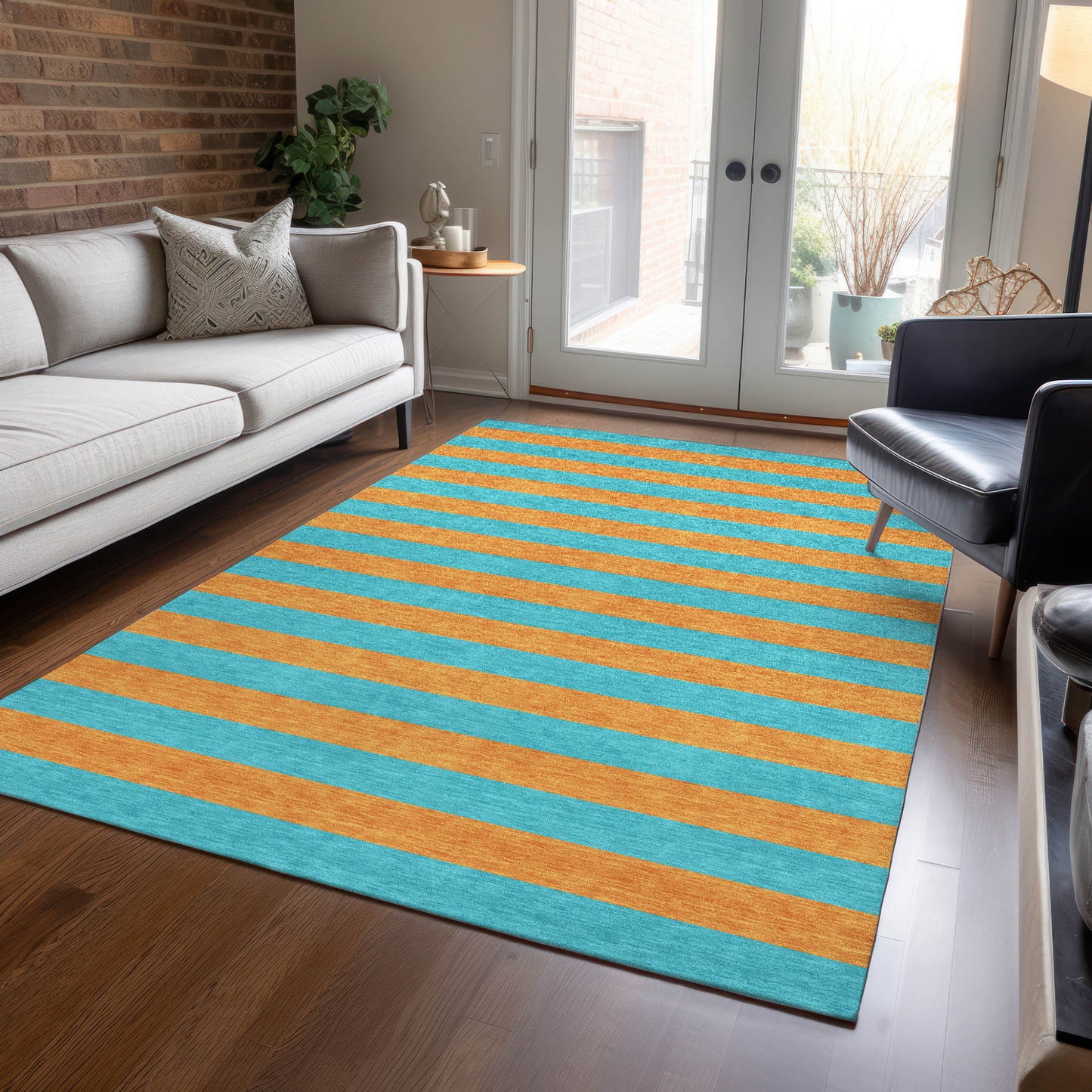 8' X 10' Aqua Striped Washable Non Skid Indoor Outdoor Area Rug-8