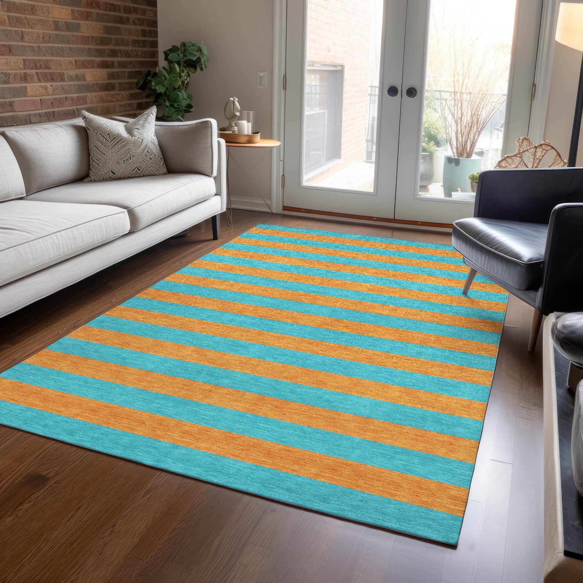 8' X 10' Aqua Striped Washable Non Skid Indoor Outdoor Area Rug-8