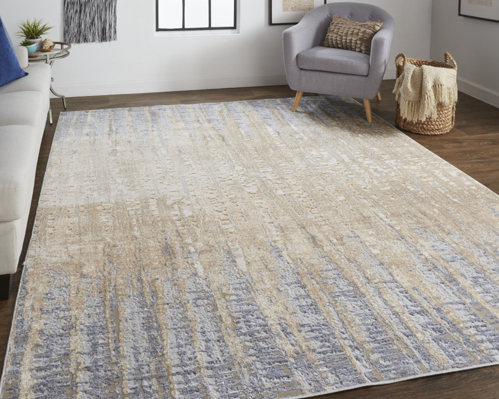 3' X 5' Ivory Tan and Blue Ombre Power Loom Worn Faded Area Rug-7
