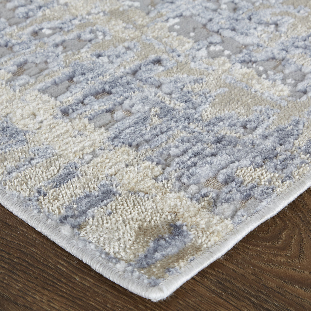 3' X 5' Ivory Tan and Blue Ombre Power Loom Worn Faded Area Rug-4