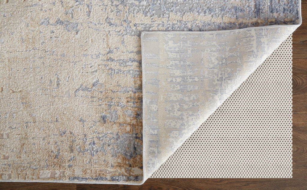 3' X 5' Ivory Tan and Blue Ombre Power Loom Worn Faded Area Rug-3