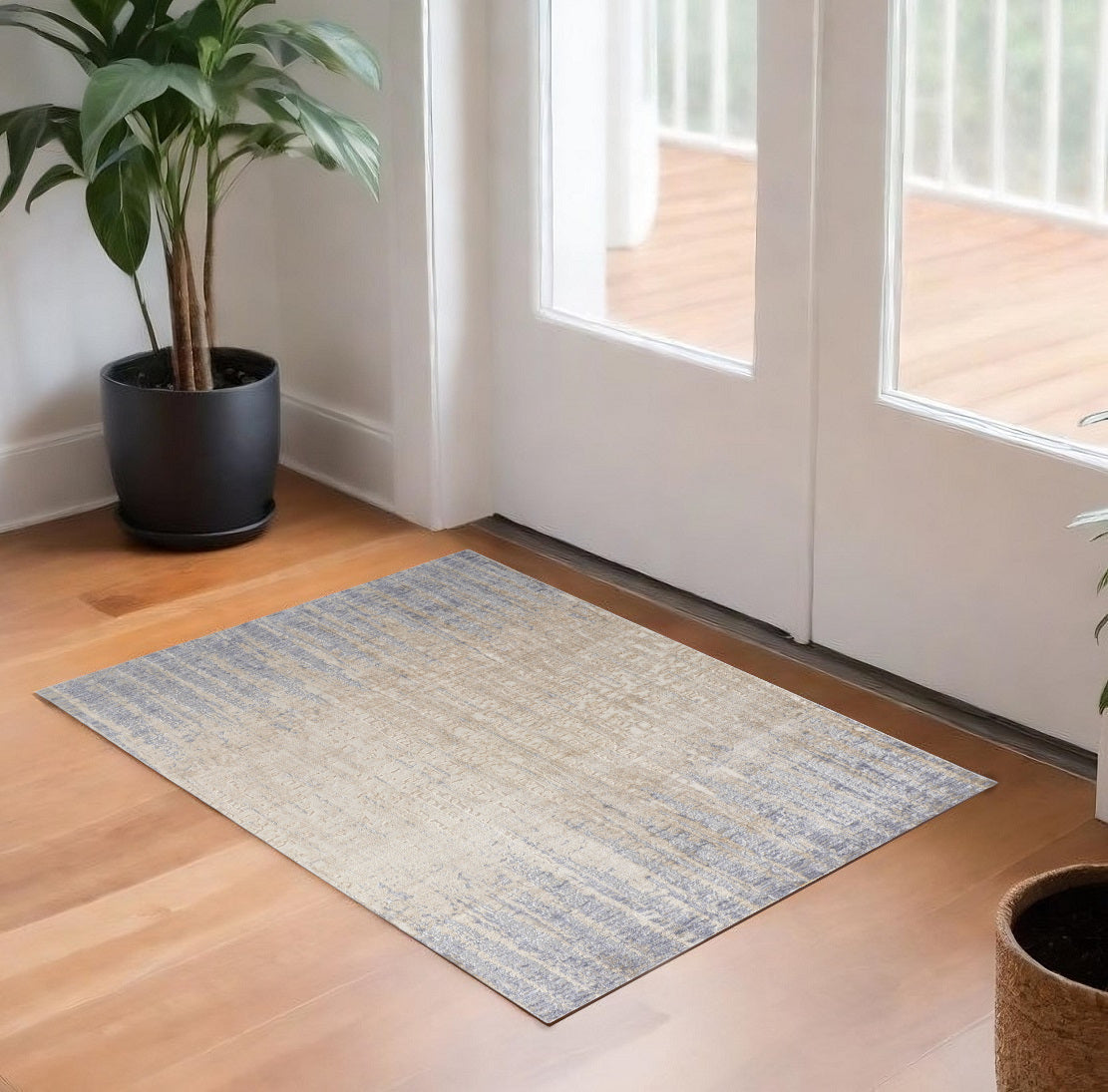 3' X 5' Ivory Tan and Blue Ombre Power Loom Worn Faded Area Rug-0