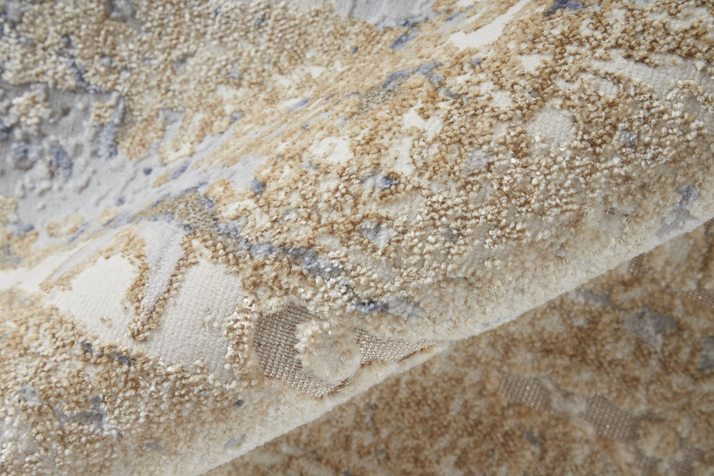 3' X 5' Ivory Tan and Blue Ombre Power Loom Worn Faded Area Rug-5