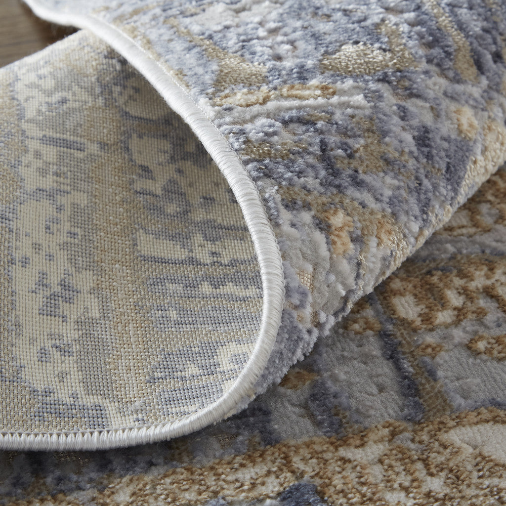 3' X 5' Ivory Tan and Blue Ombre Power Loom Worn Faded Area Rug-6