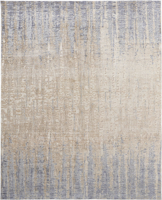 3' X 5' Ivory Tan and Blue Ombre Power Loom Worn Faded Area Rug-1