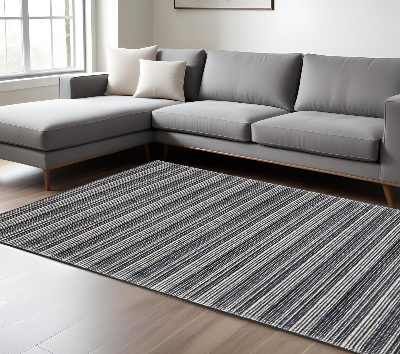 8' X 10' Black And Ivory Striped Hand Tufted Area Rug-0