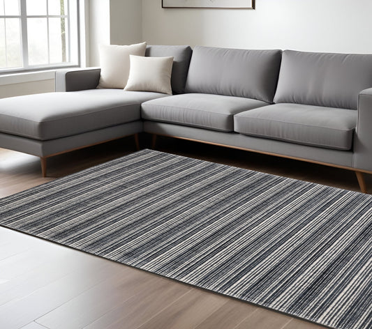 8' X 10' Black And Ivory Striped Hand Tufted Area Rug-0