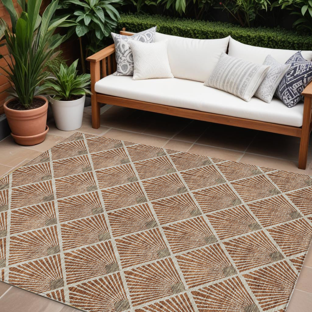 9' X 12' Brown Copper And Beige Geometric Washable Indoor Outdoor Area Rug-0