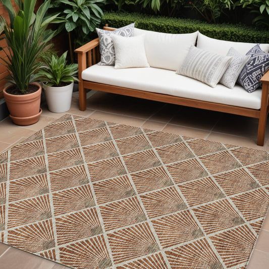 9' X 12' Brown Copper And Beige Geometric Washable Indoor Outdoor Area Rug-0