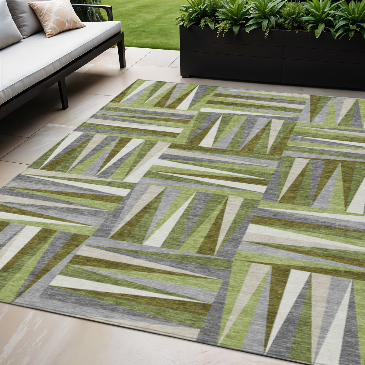 5' X 8' Green Gray And Ivory Geometric Washable Indoor Outdoor Area Rug-0